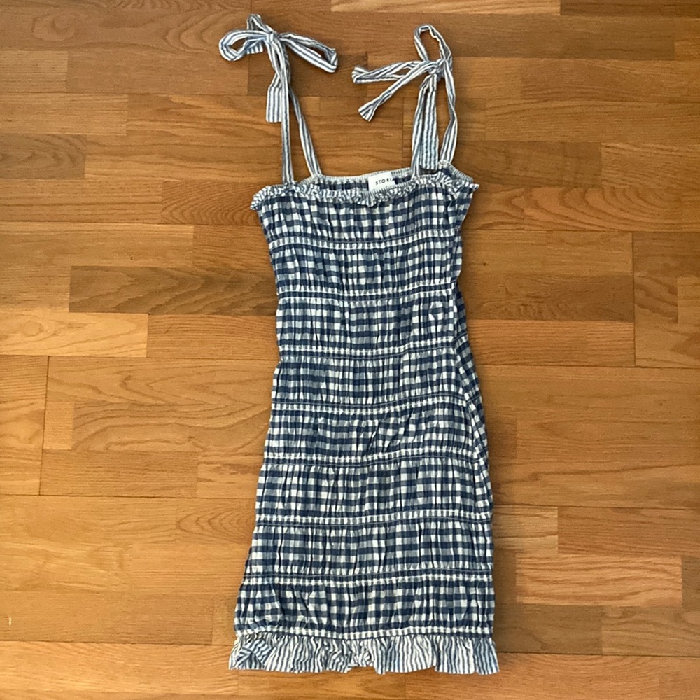 Vici Blue Sky Gingham Ruched Tie Dress